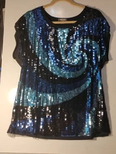 Sequin Top, Multiple Sizes, Blue Swirl, Holiday Party Christmas New Year Stage