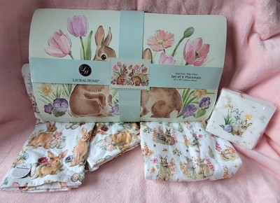NEW Laurel Home 6 Set Easter Bunny Placemats, Kitchen Towels, Cocktail Napkins