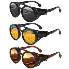Retro Round Sunglasses UV400 Vintage Leather Side Shield Goggles Men Women