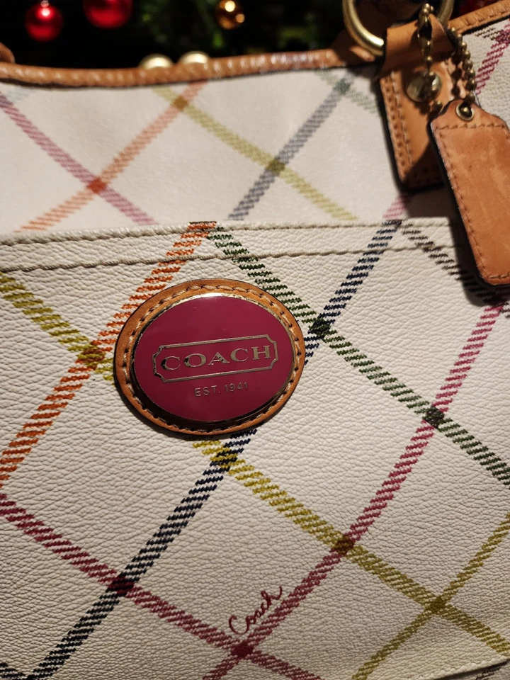 Bolso de Mano Coach Vintage Peyton Tattersall en Lona Recubierta a Cuadros Marfil Foto 4 de 4