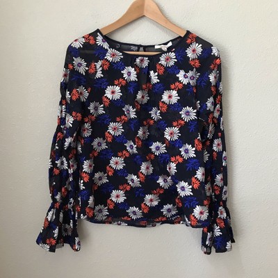 ELLA MOSS Navy Embroidered Floral Blouse In Daisy XS NWOT
