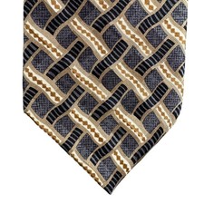 Haggar Mens Silk Tie Grey Gold Geometric Basketweave Pattern Made in USA