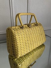 1950s 1960s Yellow Wicker Handbag, Vintage 50s 60s Purse, Retro Mod Woven Purse