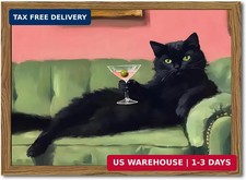 Funny Black Cat Martini Wall Art, Bar Cart Decor, Eclectic Cocktail Painting Can