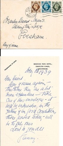 1939 (1 de mayo) 9d, 10d y 1/- Definitivos en FDC limpio con letra gato £375 escaso