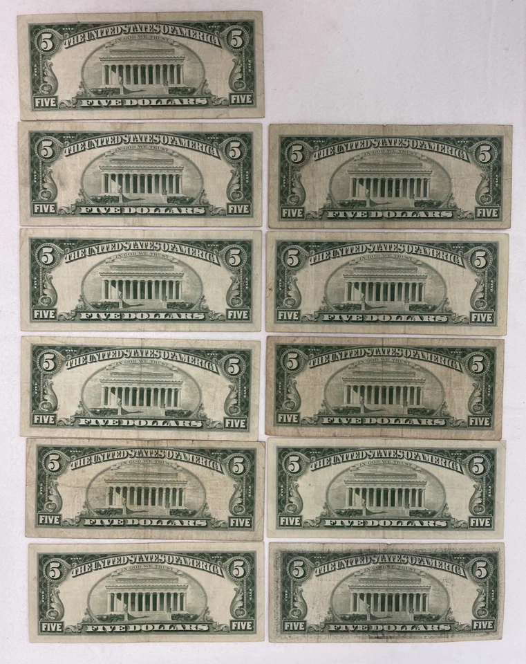 $5.00 BILLS 1963 UNITED STATES NOTE RED SEAL CIRCULATED LOT OF 11 - Image 2 of 4