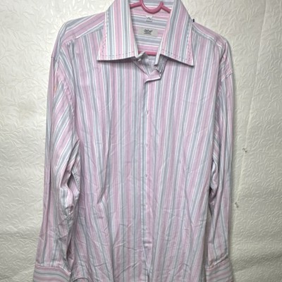 debe Men's Regular Fit Pink Striped Collared Long Sleeve Dress Shirt XL 17-17.5