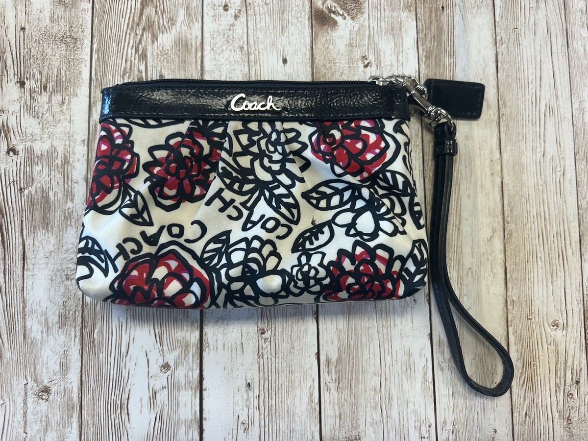 COACH Wristlet Black and White Daisy Floral Poppy with Leather