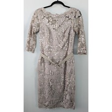 TADASHI SHOJI Paillette Embroidered Tulle Belted 3/4 Slv Sheath Dress in Sand 4
