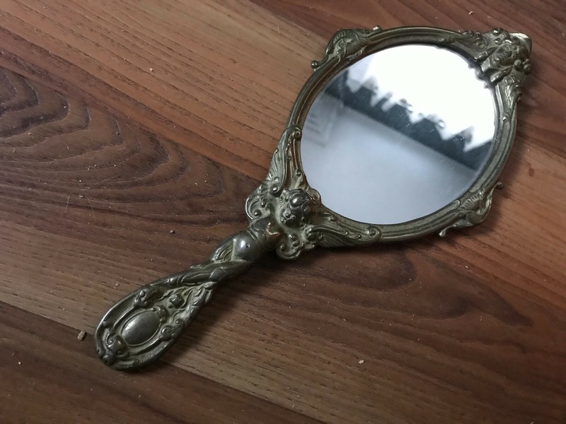 AUTHENTIC BRASS HAND HELD MIRROR DECORATED WITH ANGELS