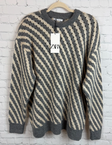 ZARA gray white mens striped round neck sweater pullover size XL NWT