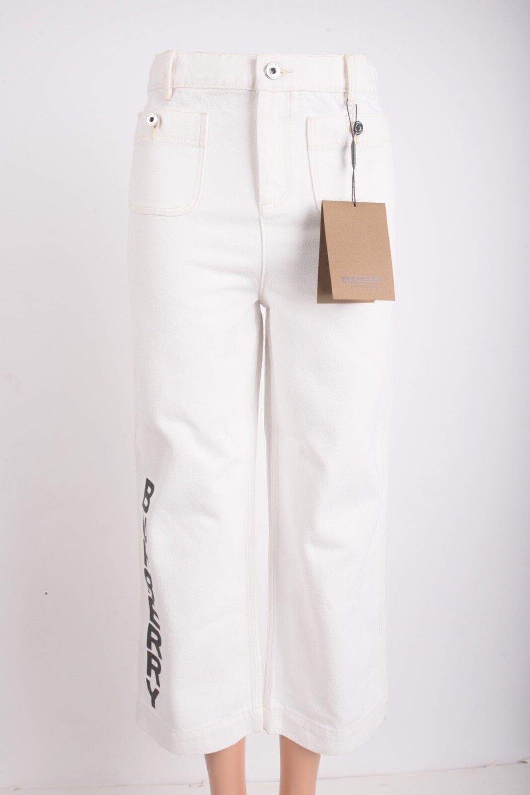 Burberry Kids High Rise Wide Leg Logo Jeans White US 12 Youth 26 waist NWT