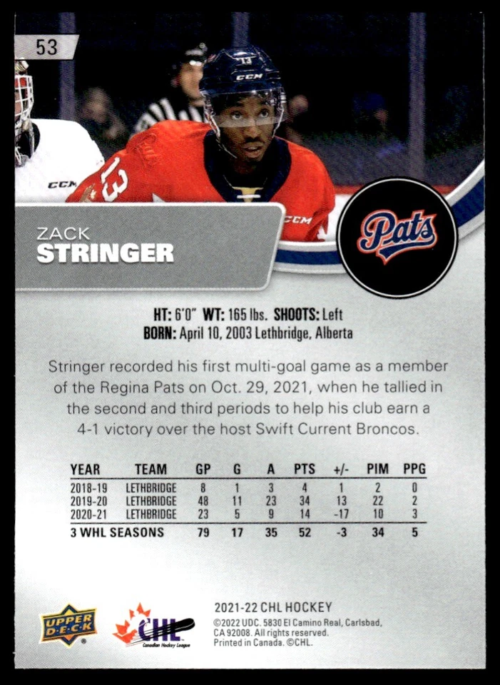 2021-22 Upper Deck CHL Zack Stringer Regina Pats #53 - Image 2 of 2