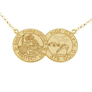 Authentic 9CT Gold Plated Double Disc St Christopher Pendant Chain & Engraving Options