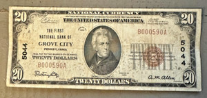 1929 $20 note Grove City Pennsylvania B000590A