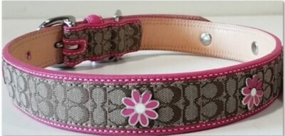 COACH KHAKI SIGNATURE PINK LEATHER DAISY GROMMETS DOG COLLAR LEASH