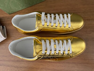Gucci Women's 661035 ACE Metallic Gold Leather Sneakers Size Gucci Women's 661035 ACE Metallic Gold Leather Sneakers Size