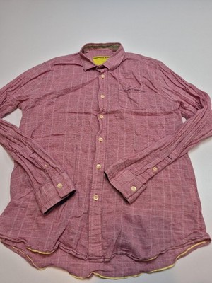 Descendant Of Thieves Shirt Mens M Pink Plaid Chambray Button Up Long Sleeve