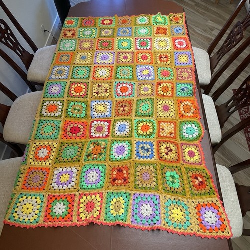 VTG Handmade Colorful Orange Roseanne Granny Square Wool Afghan Blanket Throw - Picture 4 of 8