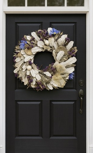 Coastal Botanical Wreath Shell Accents Neutral Front Door Decor