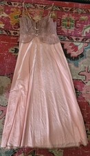 Vintage Chic pink long chemise nightie retro lingerie bows  lace bodice M L