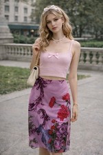 Vintage Y2K Pink Floral Slip Skirt Mesh Midi Coquette 90s Fairycore small