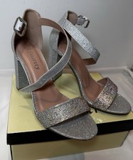 Smarty Silver Strappy Glitter Rhinestone Block Heel Sandals US 7.5 EU 38 High