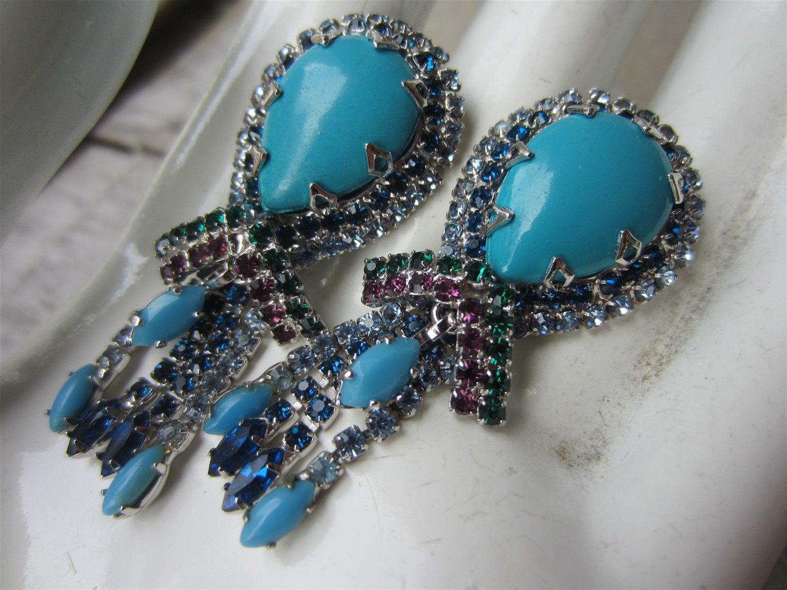 Vintage VENDOME Turquoise Blue Glass Multi Rhinestone Long Tassel Clip EARRINGS