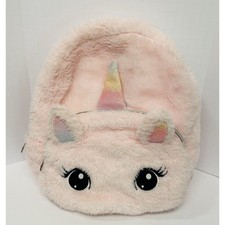Pink Plush Faux Fur Unicorn Kids Backpack Rainbow Glitter Horn 12in Bag