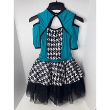 Revolution Kids Dance Costume Teal Black Houndstooth Open Shoulder Dress