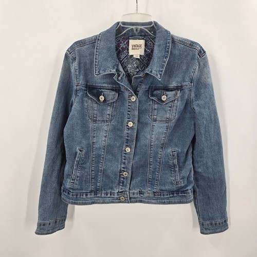 Vintage America Blues Denim Trucker Jacket Medium Wash Paisley Lined Womens L