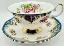 Vintage Elizabethan England Wide Cup & Saucer Blue Floral Fruit Gold Gilt Teacup