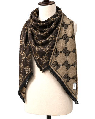 Gucci GG Women Wool Scarf Stole Shawl Wrap Brown beige Reversible made in Italy