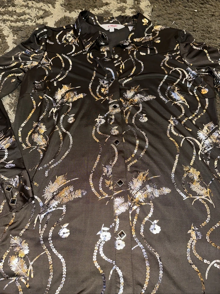 Roper Rare Square Snaps Shirt Women’s Sz L Western Metallic Floral Print Brown Foto 3 de 4