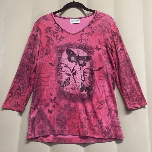Cactus Bay Women Butterfly Top Medium Rhinestone Embellished Y2K Cotton Pink 3/4