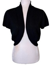 Women Black Knit Shrug Cardigan Cropped Open Front Short Sleeve Office Classic L