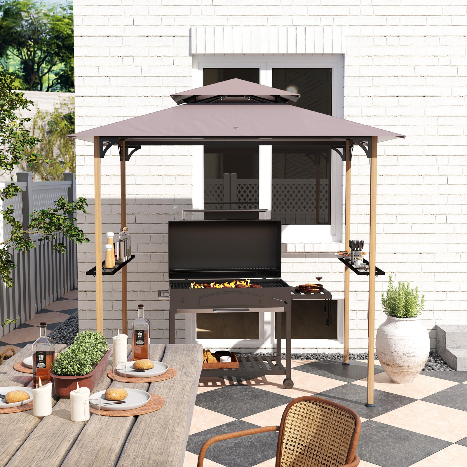 8' x 5' Grill Gazebo, Double Tier Outdoor BBQ Gazebo with 5 Hooks