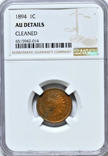 1894 INDIAN HEAD Cent Coin NGC AU Details Cleaned Genuine Graded Coin 2187