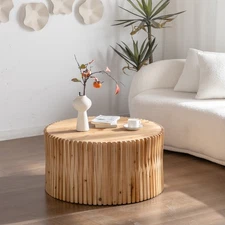 31.5" Retro Fashion Style Cylindrical Coffee Table with Vertical Texture Relief