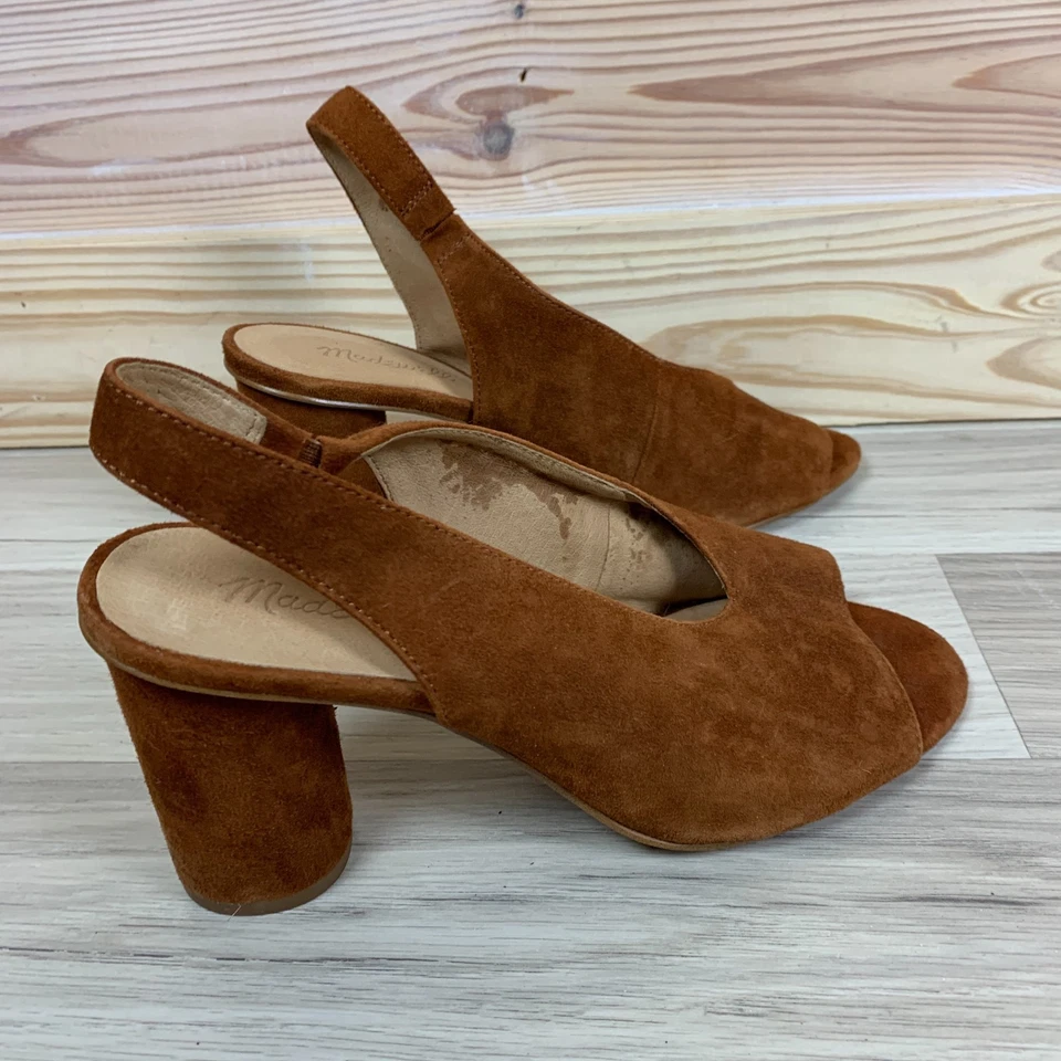 Tacones cilíndricos Madewell Alana Slingback marrón gamuza punta abierta Foto 4 de 4