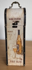 (Vintage) Wooden Wine Box Single Bottle Case Leather Accent Metal Handle & Latch