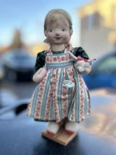 Antique 7”Cloth Girl Doll Holding Toy Doll  From An Estate Collection