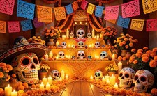 Dia de Los Muertos Banner - Day of The Dead Backdrop Mexican Halloween Party Dec