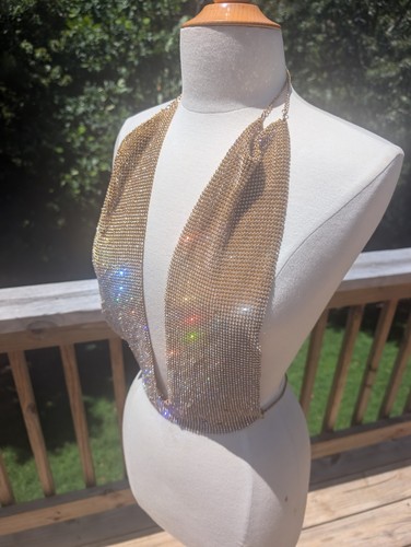Gold Mesh Plunge Top Sexy Rhinestones Backless Crystal Club Women's Small - Picture 7 of 8