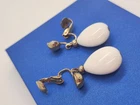 Vintage White Milk Glass Teardrop Dangle Clip On Earrings Gold Tone 1950s Retro