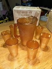 The Jeannette Glass Co. Amber Amberescence Glass Tumbler And Pitcher Set