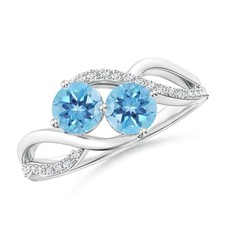 5MM Round Swiss Blue Topaz Two Stone Women Ring with Accents 925 Sterling Silver