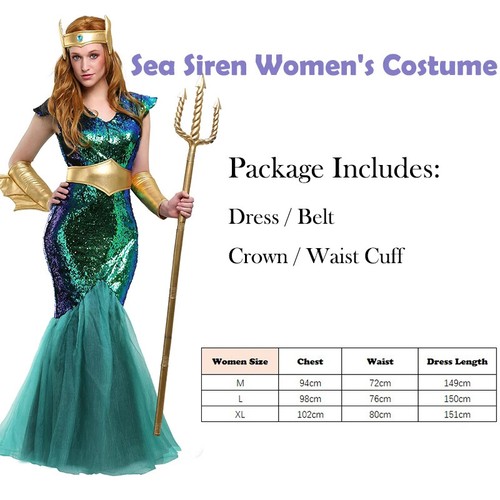 Women Sea Siren Mermaid Queen Costume Men's Poseidon Costumes Adult Fancy Dress - Picture 7 of 23