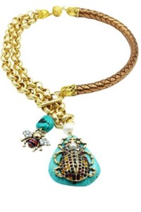 Authentic Bronze Vegan Braided Leather Cord & Gold Plated Chain Fixed Lariat with Beetle E