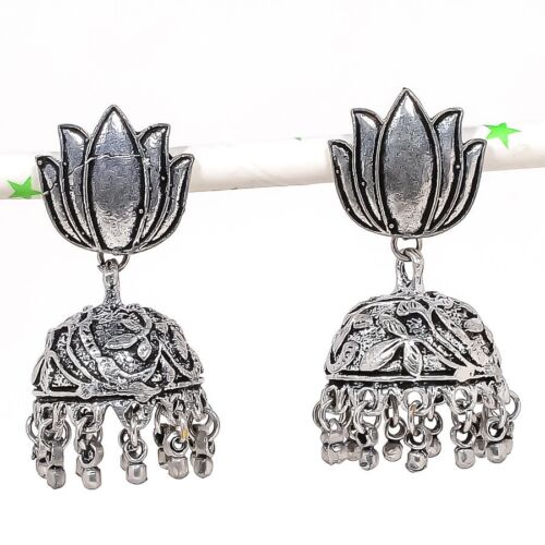 Indian Look Jhumki Gemstone Handmade Silver Tribal Bali Gift Earring 1.89" E963 - Afbeelding 1 van 1